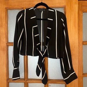 Black Tie Front Stripe Cropped Blouse